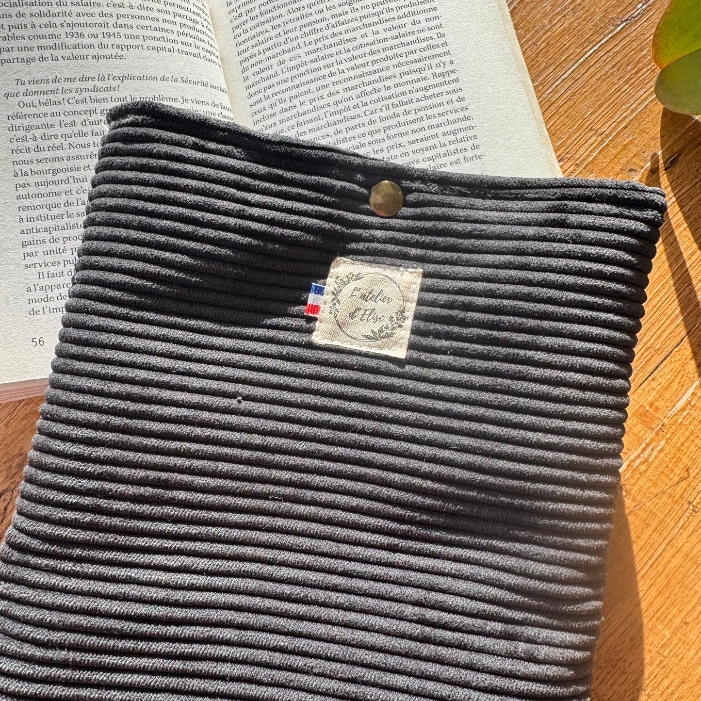 Pochette à livre/liseuse velours côtelé gris bleu