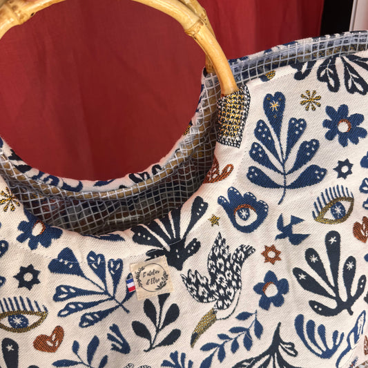Sac cabas imperméable anses bambou -Jacquard Mage bleu
