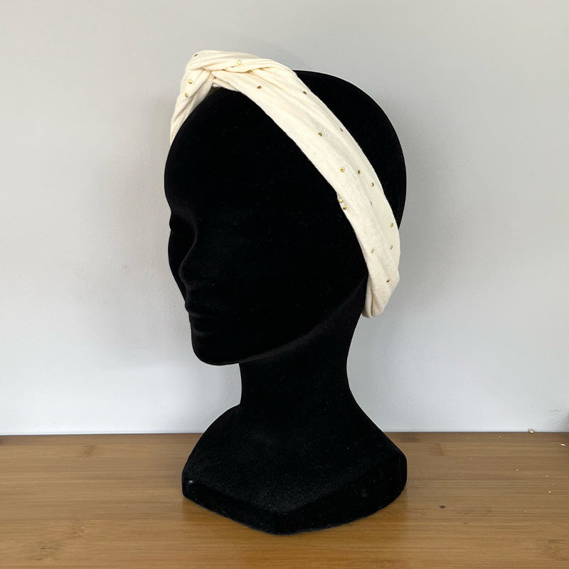 BANDEAU CHEVEUX MODULABLE FAIT MAIN Gaze de coton à pois doré | L'ATELIER D'ÉLISE