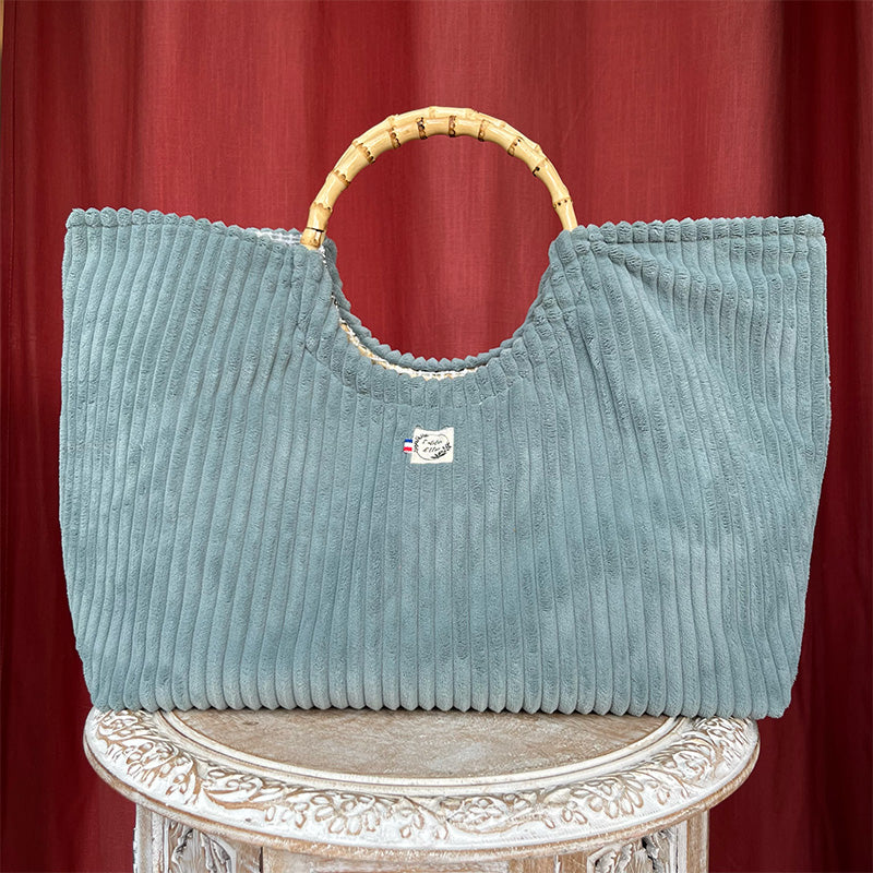 Sac cabas imperméable anses bambou - Velours côtelé vert d'eau