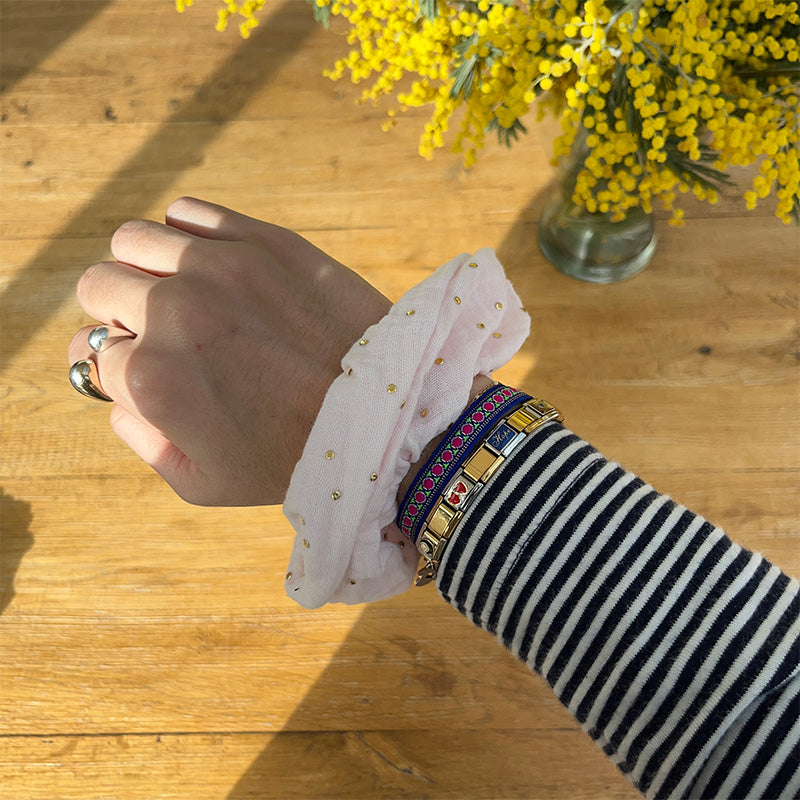 Maxi chouchou - Gaze de coton rose & pois dorés