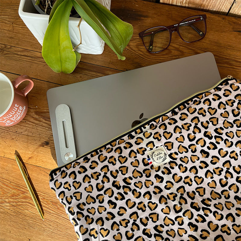 Housse d'ordinateur 17" -Velours rose léopard