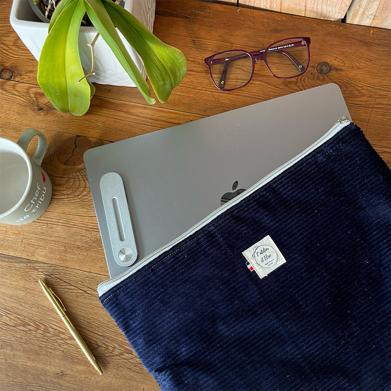 Housse d'ordinateur 15" - Velours côtelé Bleu