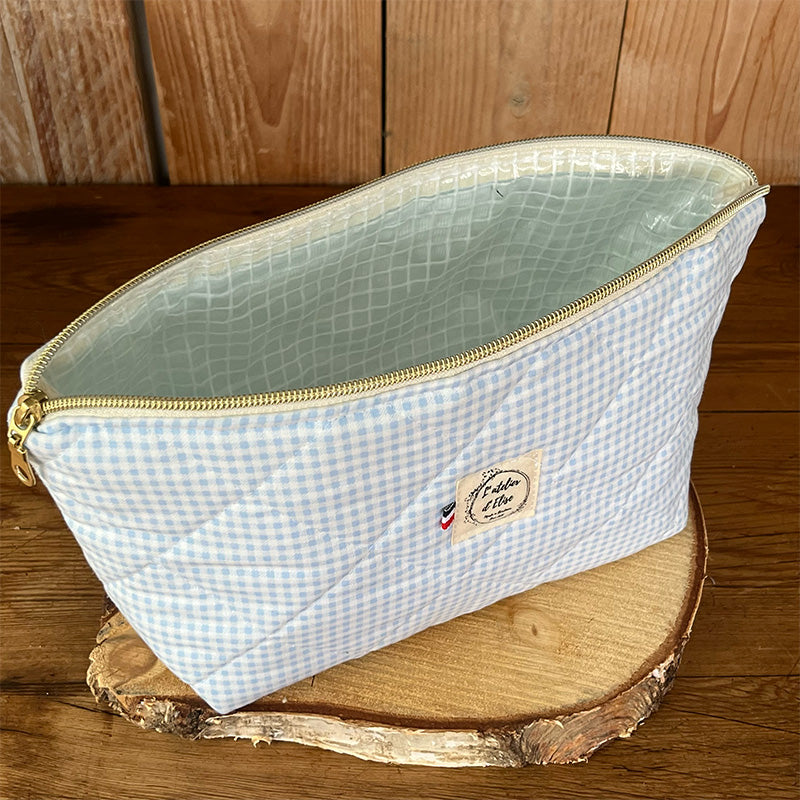 Trousse de toilette imperméable - Coton matelassé vichy bleu