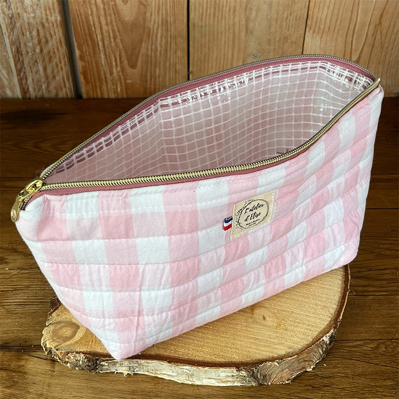 Trousse de toilette imperméable - Coton matelassé vichy rose