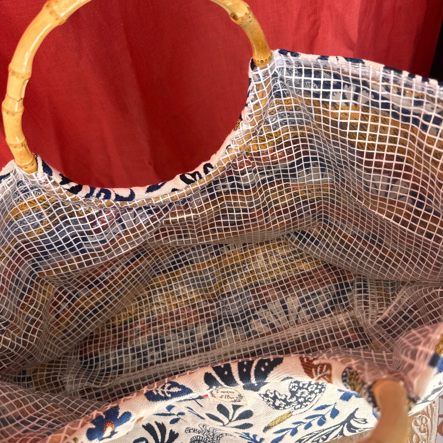 Sac cabas imperméable anses bambou -Jacquard Mage bleu