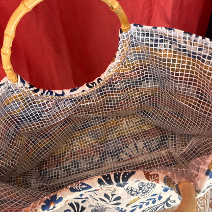 Sac cabas imperméable anses bambou -Jacquard Mage bleu