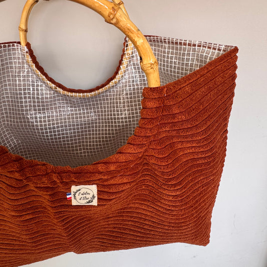 Sac cabas imperméable anses bambou -Velours côtelé marron
