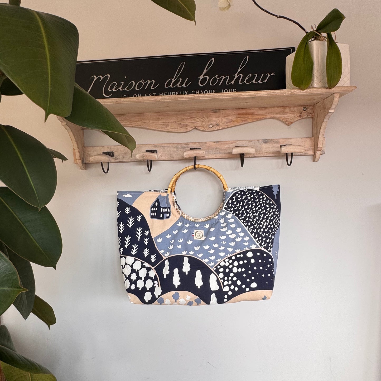 Sac cabas imperméable anses bambou - Coton épais bleu