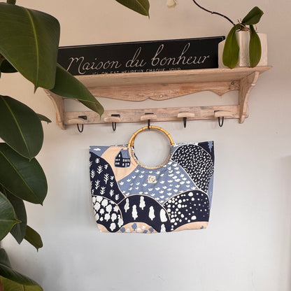 Sac cabas imperméable anses bambou - Coton épais bleu