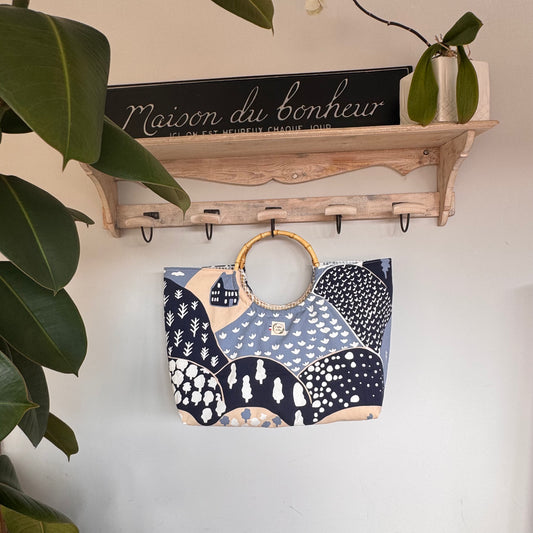 Sac cabas imperméable anses bambou - Coton épais bleu