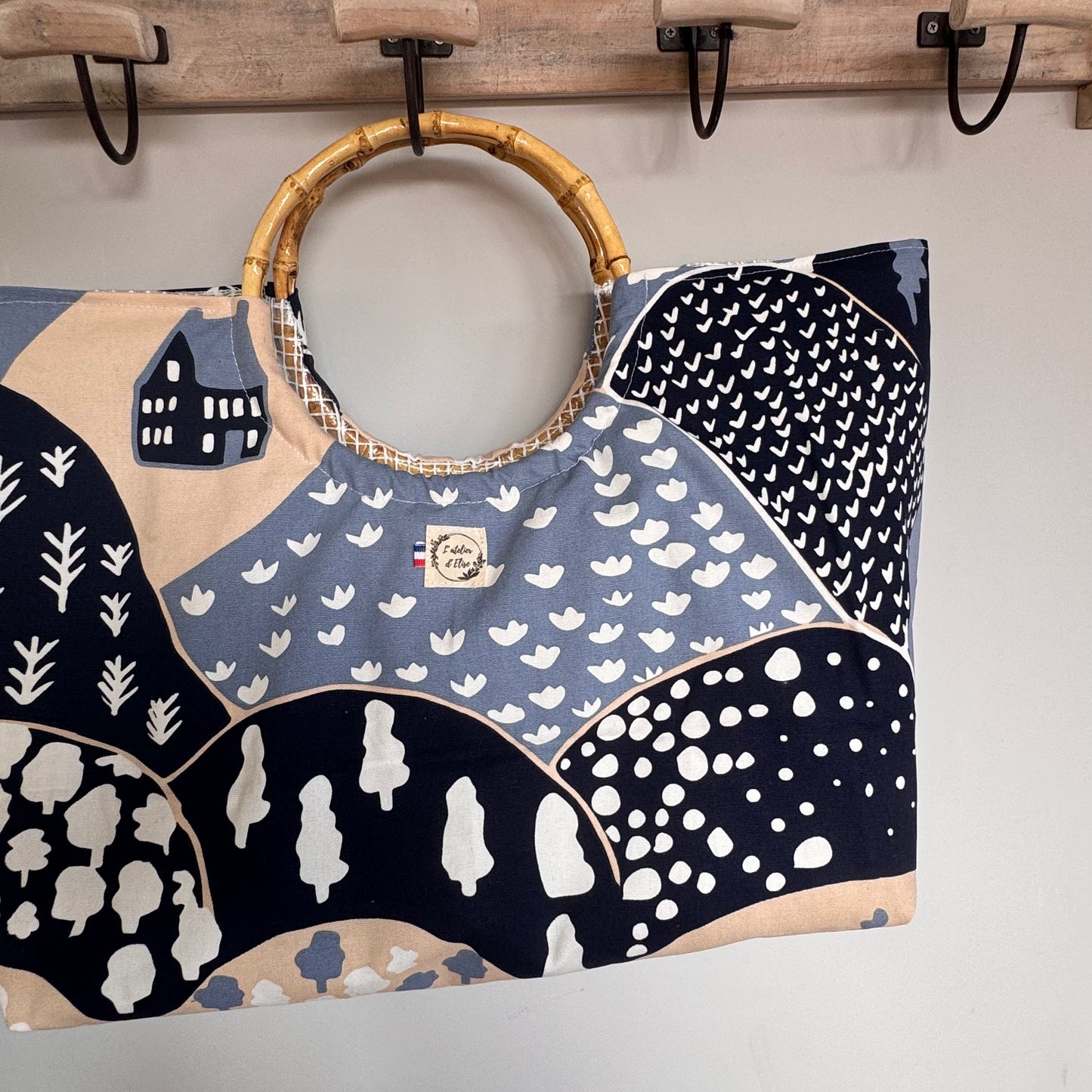 Sac cabas imperméable anses bambou - Coton épais bleu