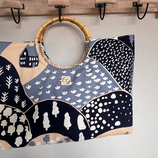 Sac cabas imperméable anses bambou - Coton épais bleu
