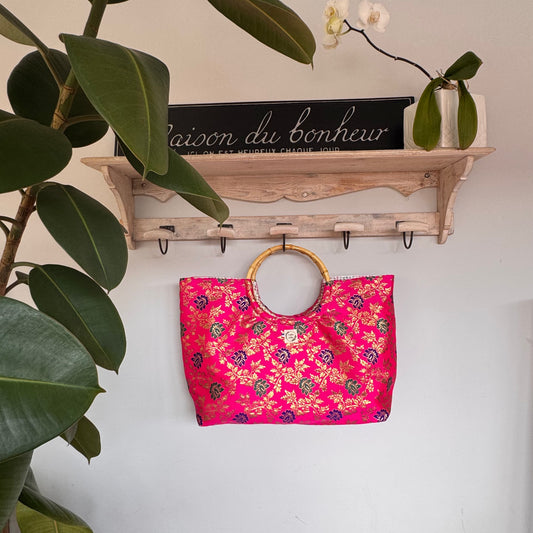 Sac cabas imperméable anses bambou -  Tissé indou rose