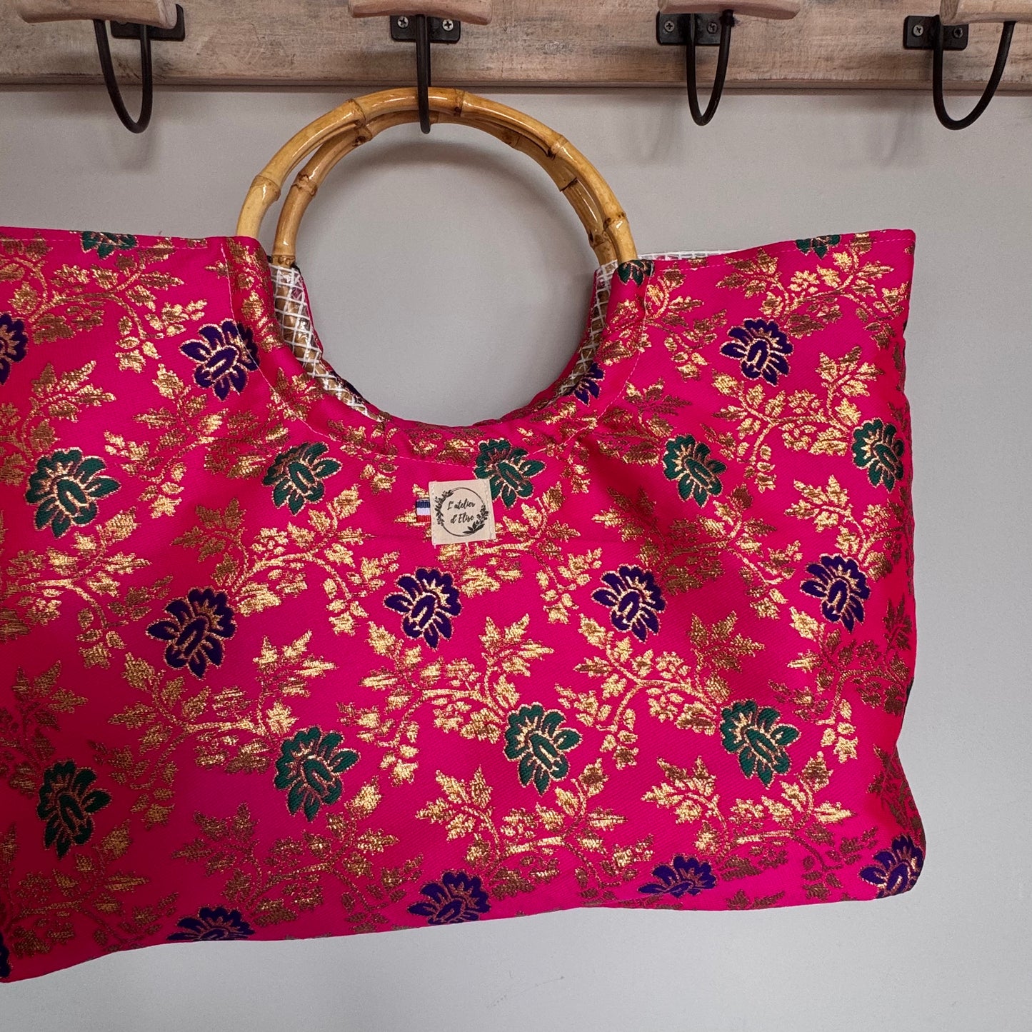 Sac cabas imperméable anses bambou -  Tissé indou rose