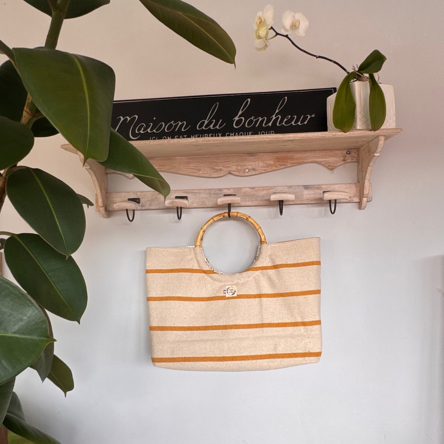 Sac cabas imperméable anses bambou -  Tissé jaune et beige