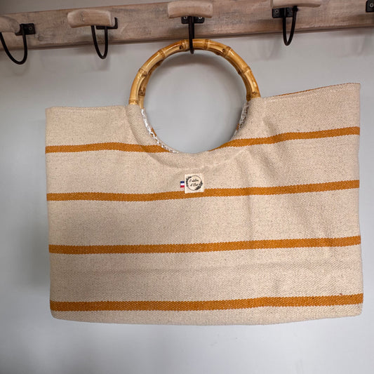 Sac cabas imperméable anses bambou -  Tissé jaune et beige