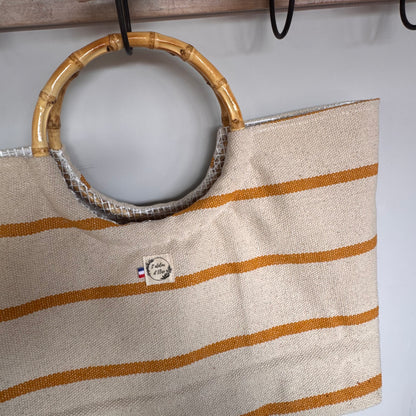 Sac cabas imperméable anses bambou -  Tissé jaune et beige