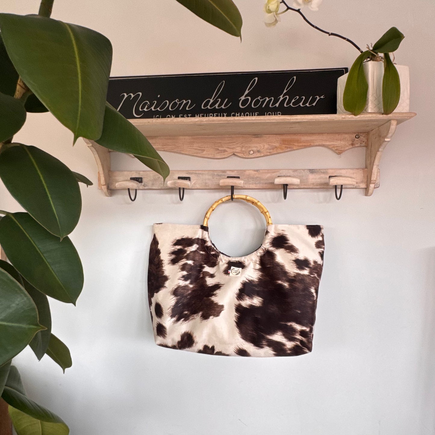 Sac cabas imperméable anses bambou -  Imprimé vache