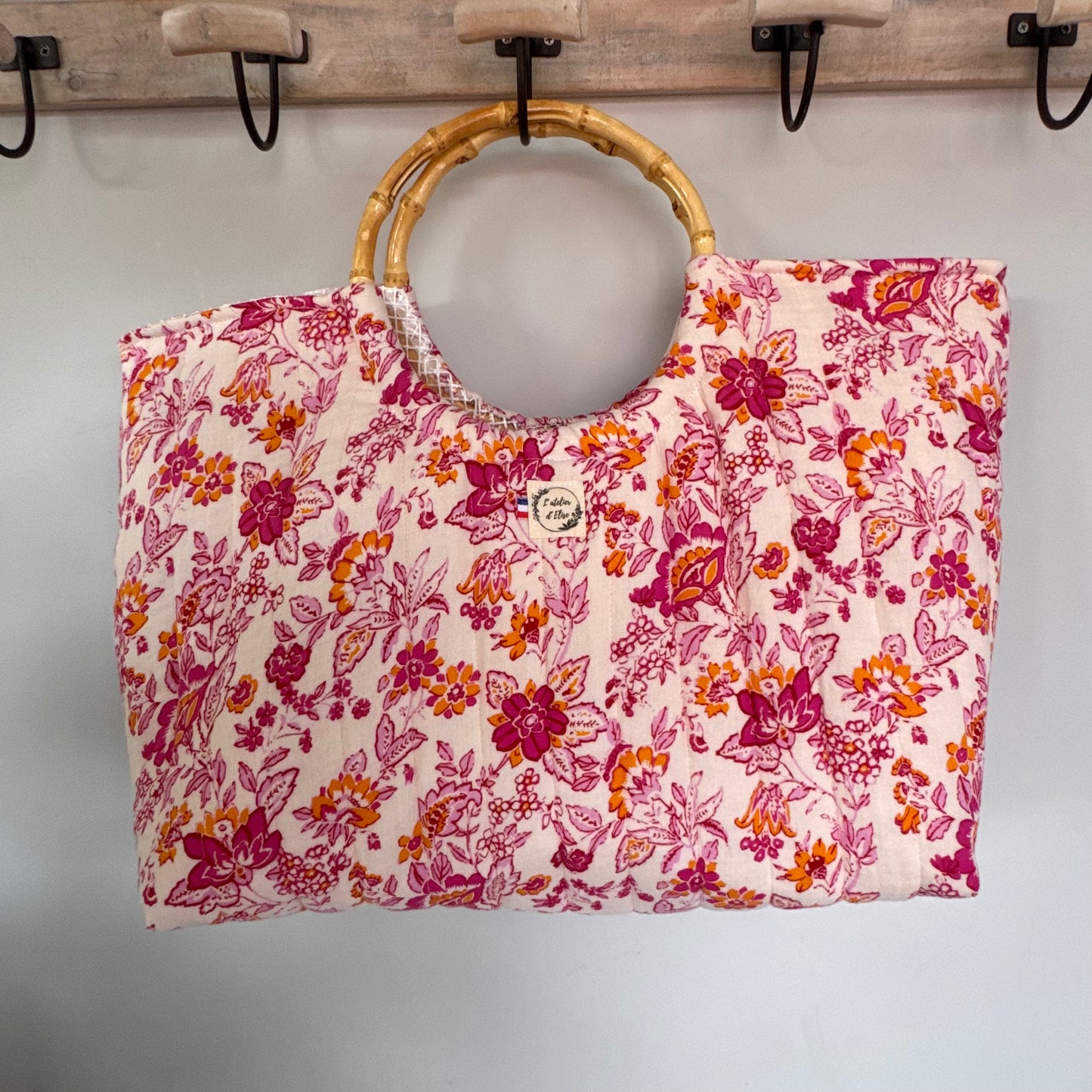 Sac cabas imperméable anses bambou - Matelassé fleuri