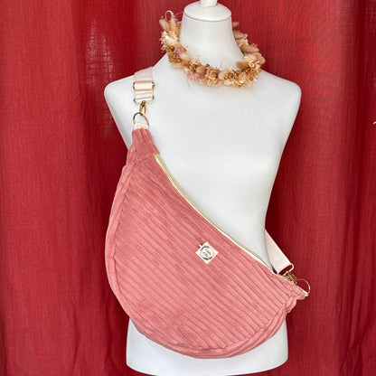 Sac demi-lune - Velours côtelé rose