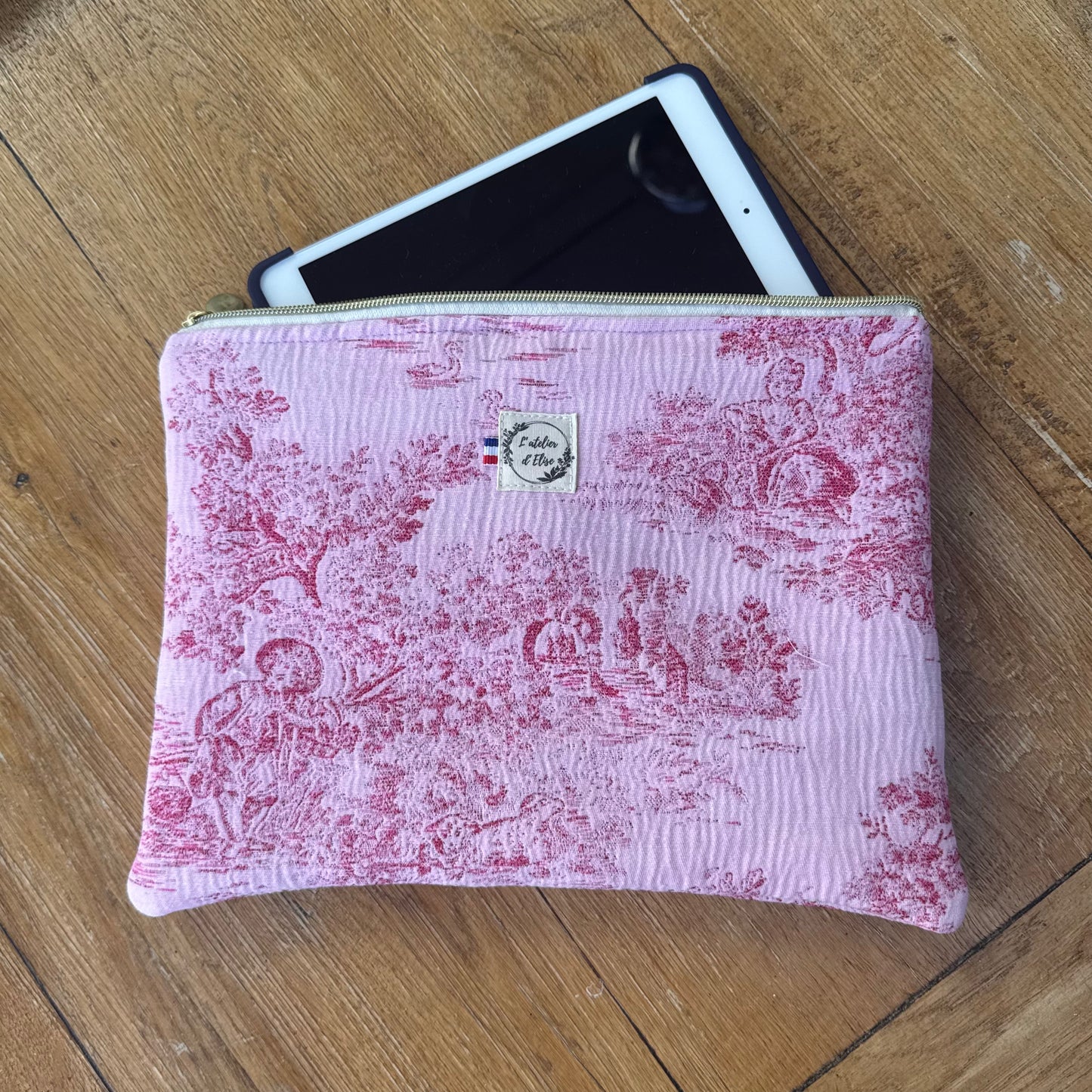 Pochette tablette 13" - Toile de jouy rose