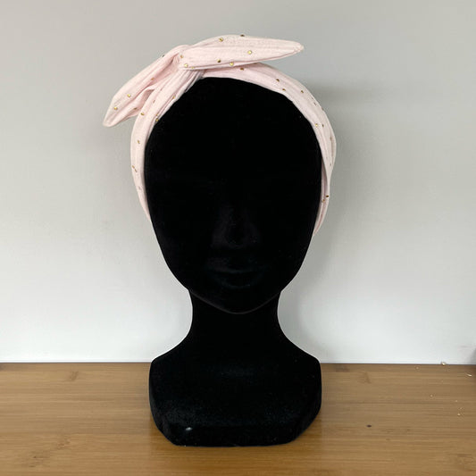 BANDEAU CHEVEUX MODULABLE FAIT MAIN Gaze de Coton rose à pois doré | L'ATELIER D'ÉLISE
