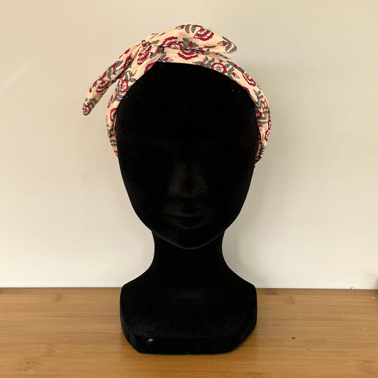 BANDEAU CHEVEUX MODULABLE FAIT MAIN Coton block print rose | L'ATELIER D'ÉLISE