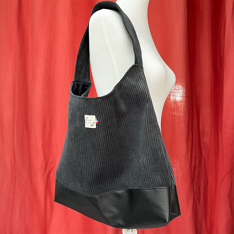 Sac Boho - Velours côtelé noir et simili-cuir noir