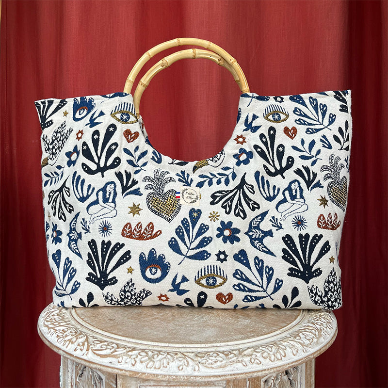 Sac cabas imperméable anses bambou -Jacquard Mage bleu