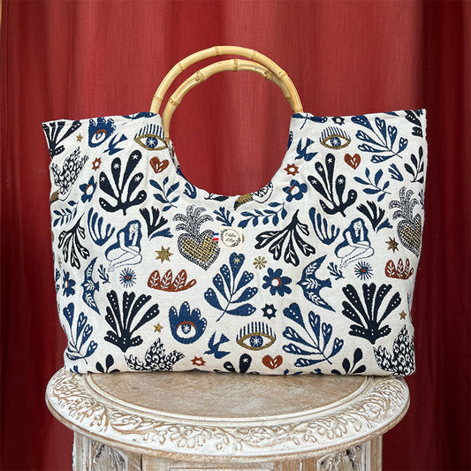 Sac cabas imperméable anses bambou -Jacquard Mage bleu