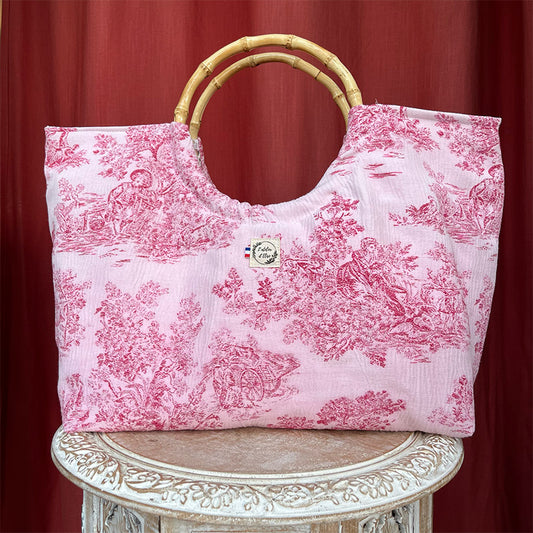 Sac cabas imperméable anses bambou - Toile de jouy rose