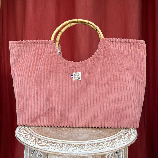 Sac cabas imperméable anses bambou - Velours côtelé rose