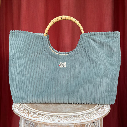 Sac cabas imperméable anses bambou - Velours côtelé vert d'eau
