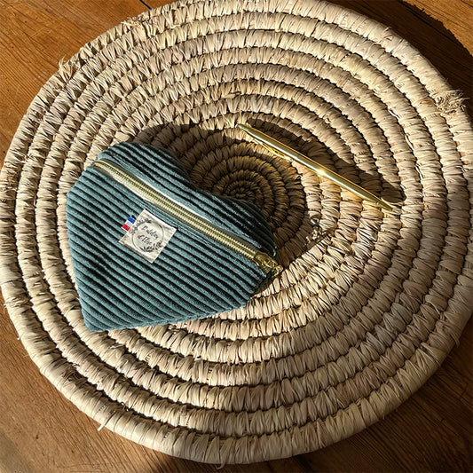 Porte monnaie coeur - Velours côtelé vert