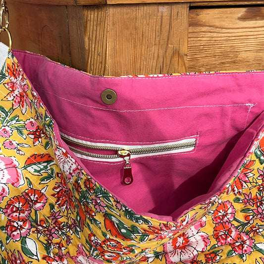Sac cabas bandoulière - Coton indou fleuri matelassé