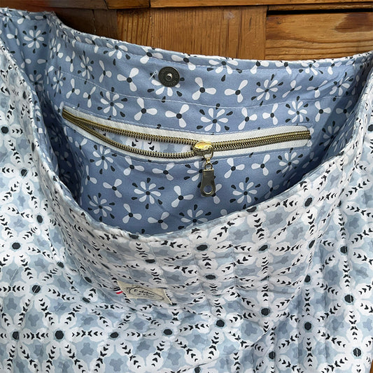 Sac cabas bandoulière - Coton fleuri bleu ciel