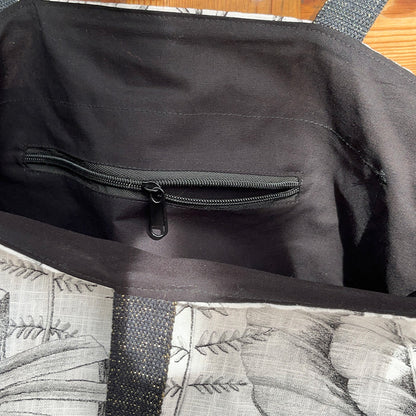 Sac cabas  - Coton feuillage noir et blanc