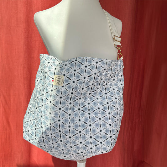 Sac cabas bandoulière - Coton fleuri bleu ciel