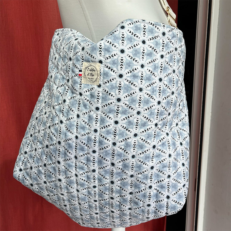Sac cabas bandoulière - Coton fleuri bleu ciel