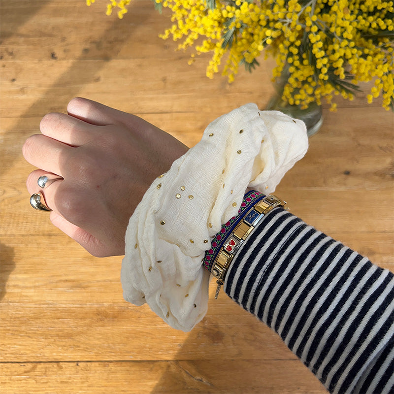 Maxi chouchou - Gaze de coton beige & pois dorés