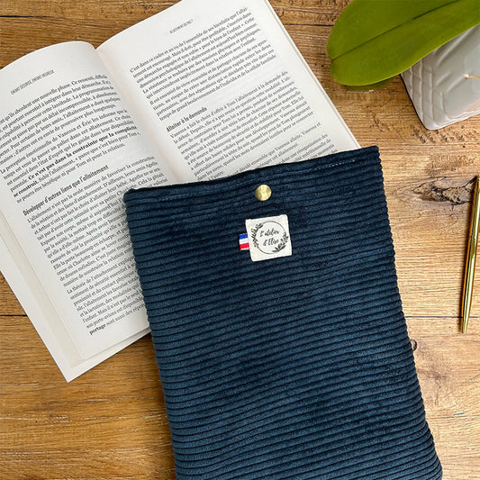 Pochette à livre/liseuse en tissu velours côtelé bleu