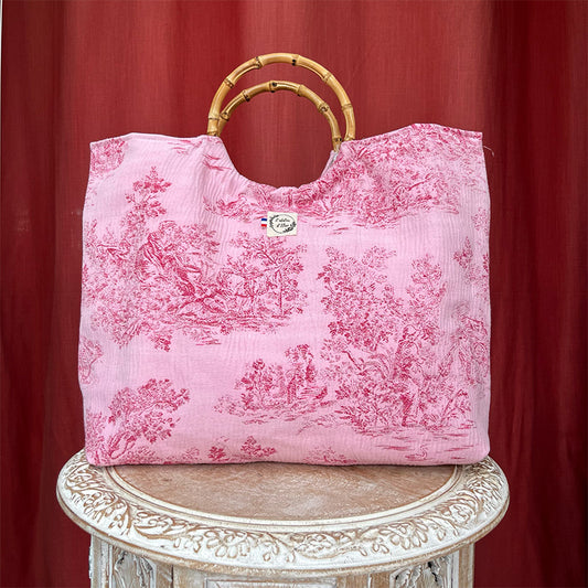 Sac cabas imperméable anses bambou - Toile de Jouy rose