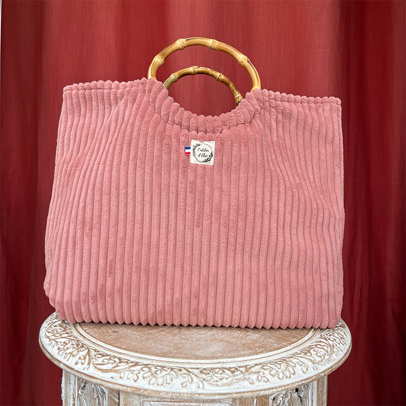 Sac cabas imperméable anses bambou - Velours côtelé rose