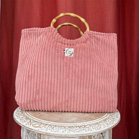 Sac cabas imperméable anses bambou - Velours côtelé rose