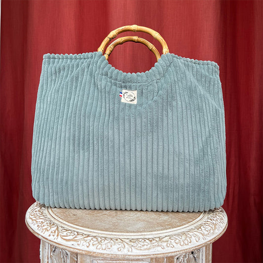 Sac cabas imperméable anses bambou - Velours côtelé vert d'eau
