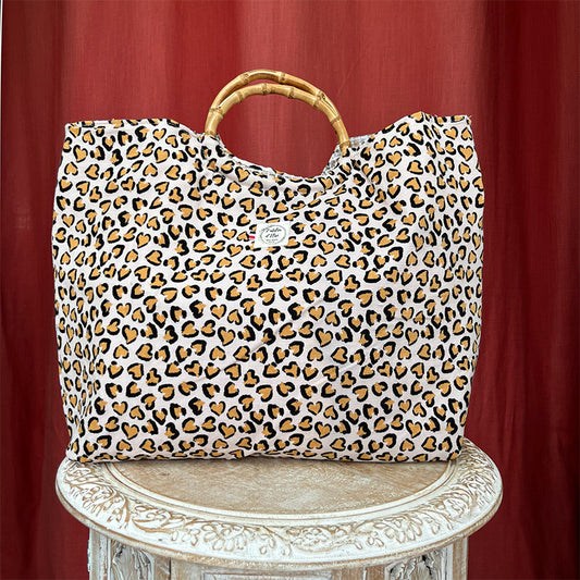 Sac cabas imperméable anses bambou - Velours léopart rose