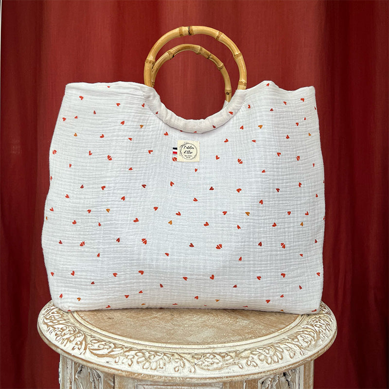 Sac cabas imperméable anses bambou - Gaze de coton coeur rouge