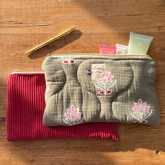 TROUSSE FAIT MAIN Matelassé kaki et fleurs| L'ATELIER D'ÉLISE
