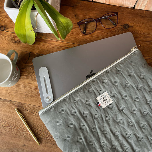 Housse d'ordinateur 15" - Coton Vert Matelassé